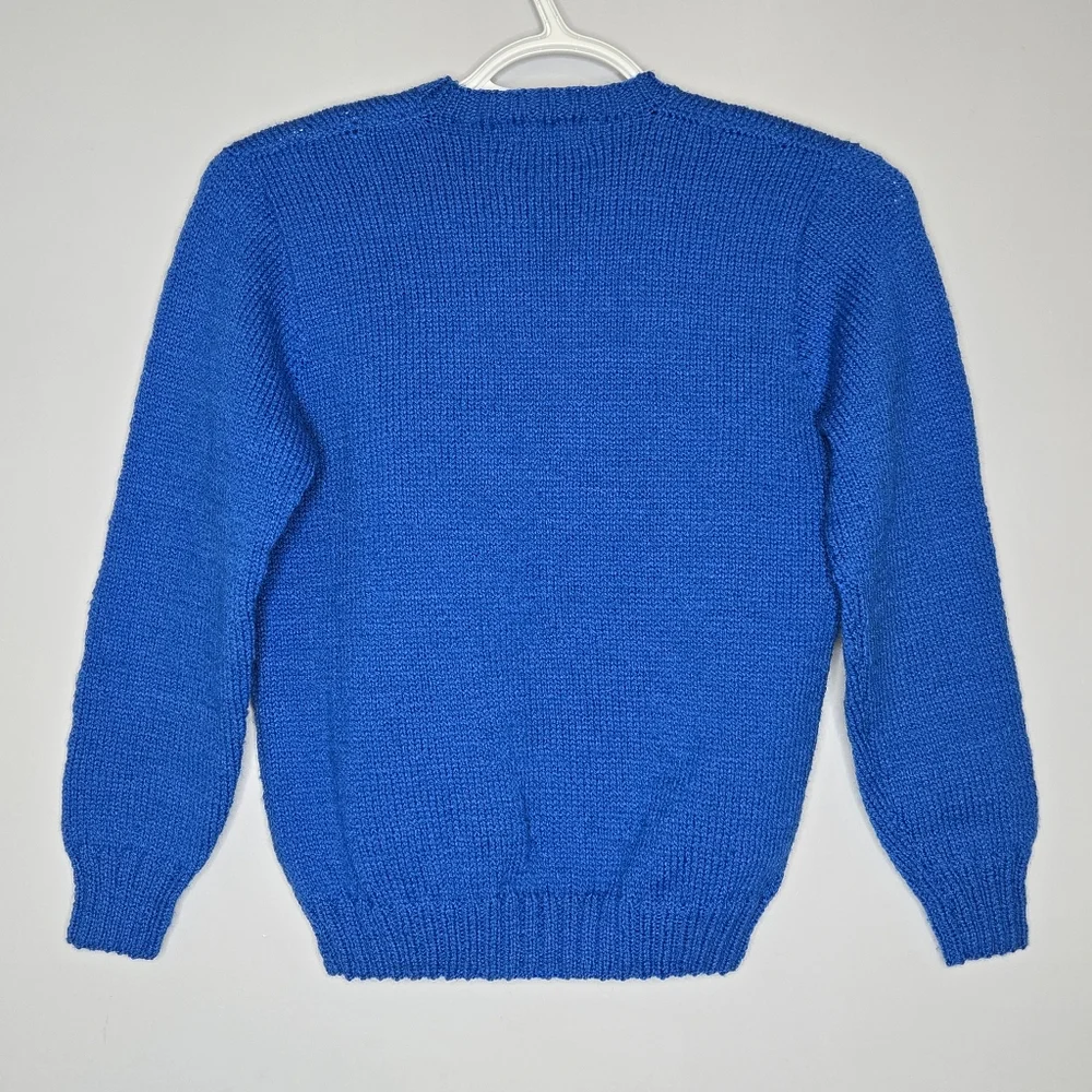 Vintage Youth M L Knit Sweater Sailboat Nautical Clipper Ship Handmade Blue Whit